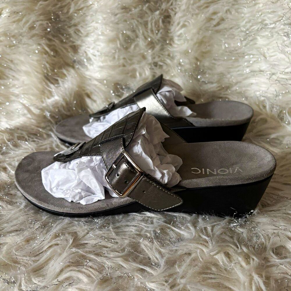 Vionic Women’s Leather Croc Thong Wedge Sandals Buckle Adjustable Strap 9